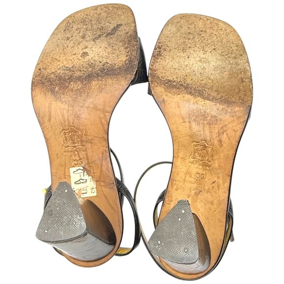 Fendi FF Logo Black Leather Ankle Strap Heels Sandals IT 36 Gold Silver Hardware - Picture 10 of 11